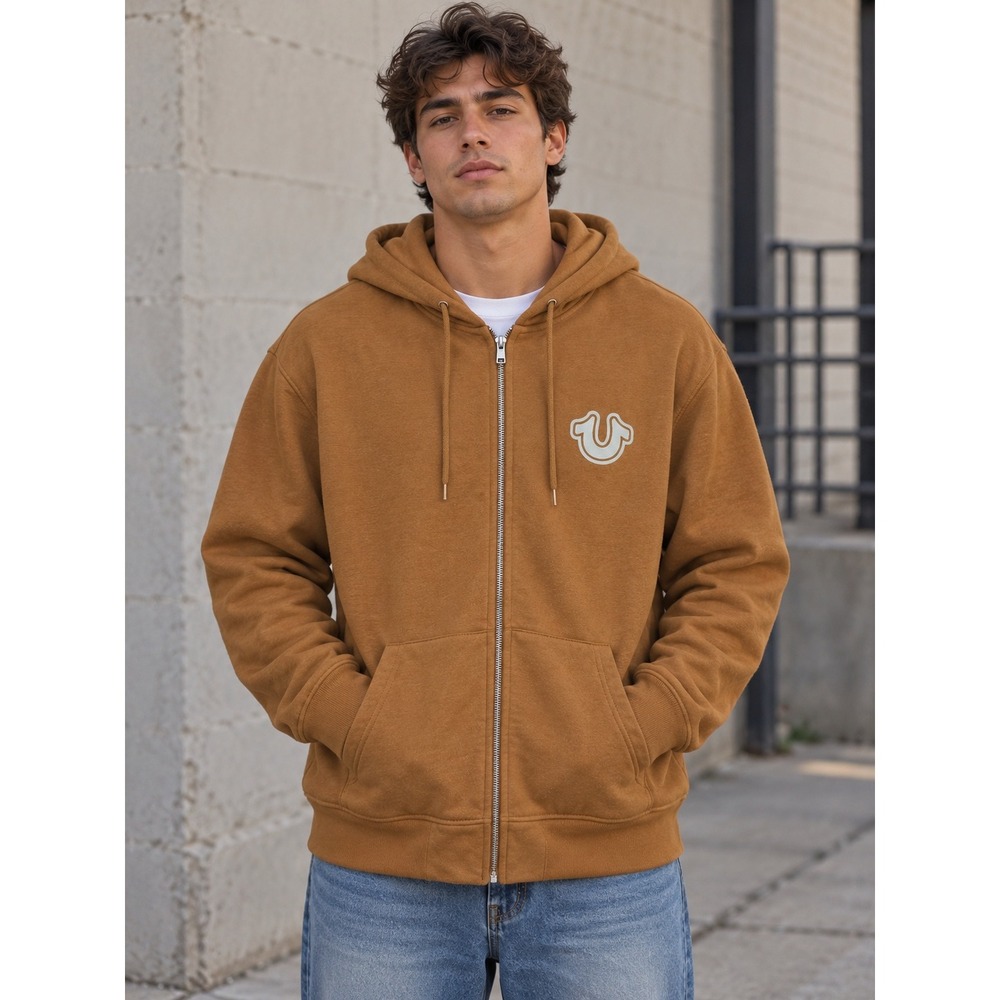 True Religion Full Zip Hoodie Men XL Tan Buddha Guitar Graphic Streetwear